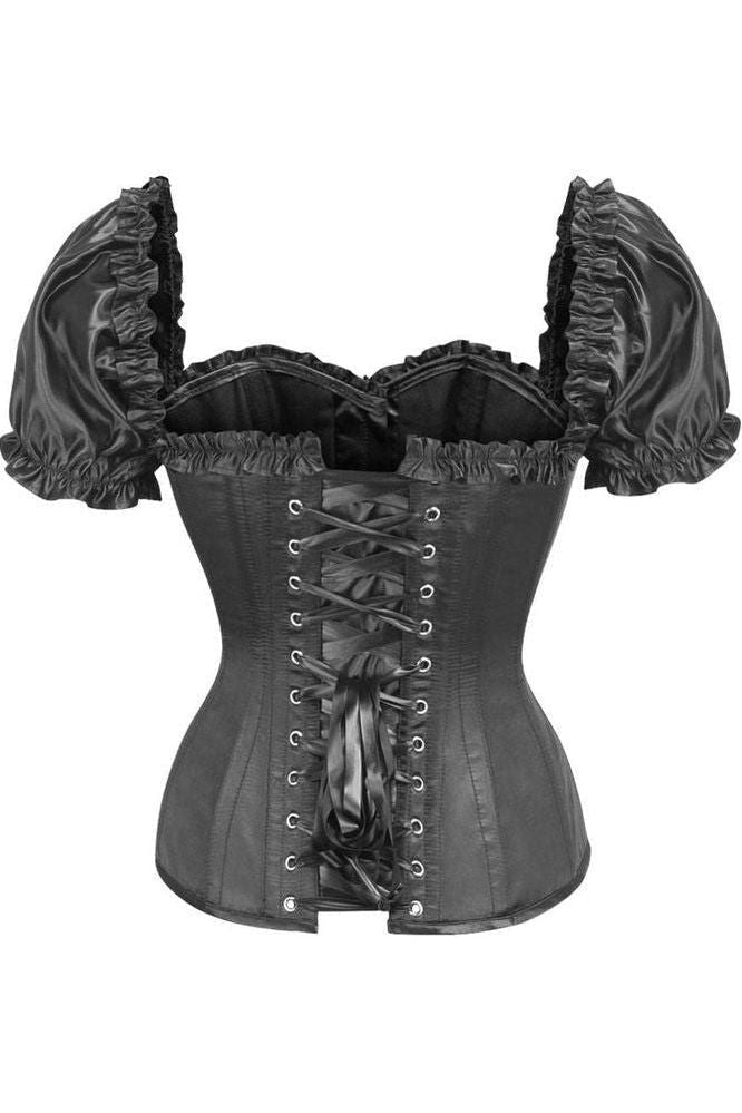 Top Drawer Steel Boned Black Satin Overbust Corset w/Sleeves - Daisy Corsets