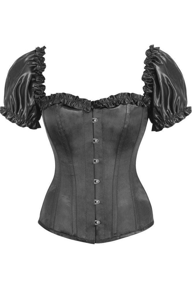 Top Drawer Steel Boned Black Satin Overbust Corset w/Sleeves - Daisy Corsets