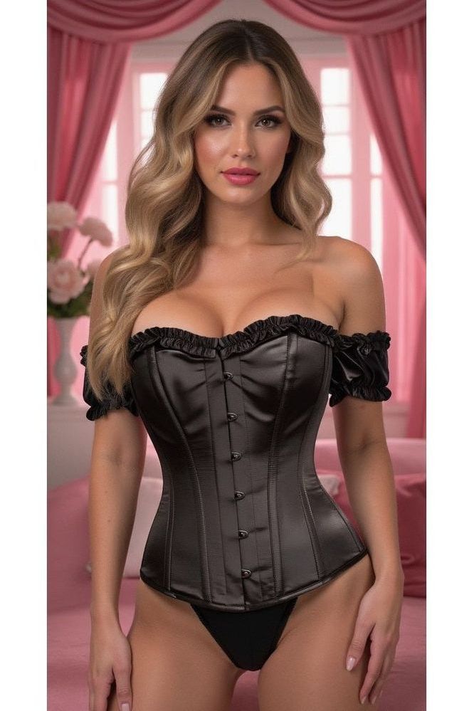 Top Drawer Steel Boned Black Satin Overbust Corset w/Sleeves - Daisy Corsets
