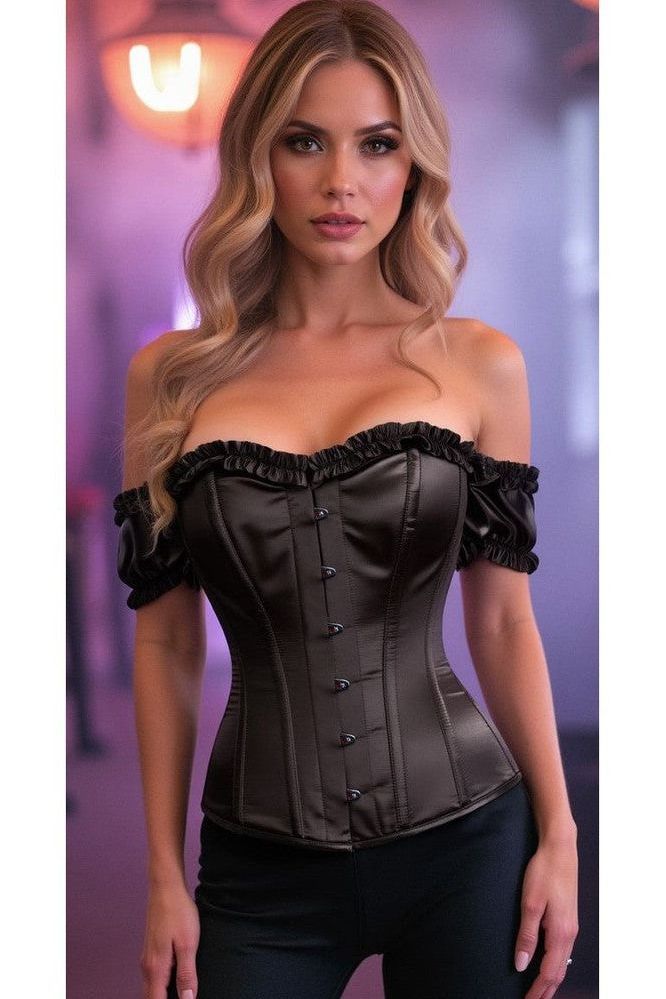 Top Drawer Steel Boned Black Satin Overbust Corset w/Sleeves - Daisy Corsets