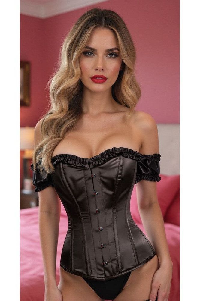 Top Drawer Steel Boned Black Satin Overbust Corset w/Sleeves - Daisy Corsets