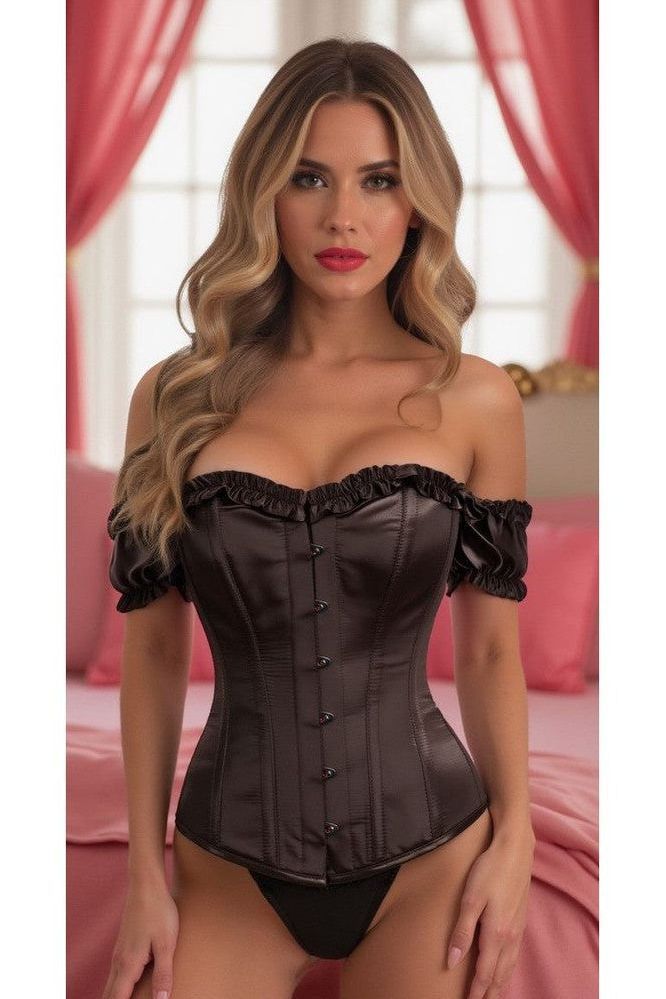 Top Drawer Steel Boned Black Satin Overbust Corset w/Sleeves - Daisy Corsets