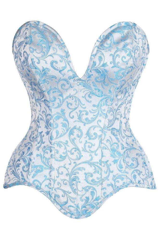 Top Drawer Steel Boned Blue Brocade Plunge Overbust Corset Top - Daisy Corsets