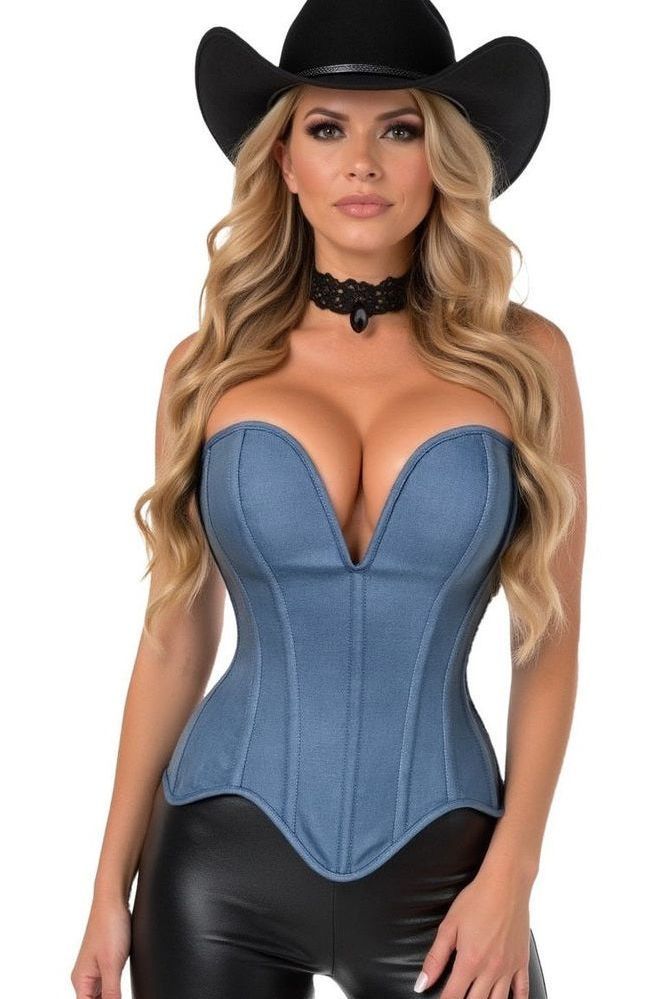 Top Drawer Steel Boned Blue Denim Plunge Neckline Overbust Corset - Daisy Corsets