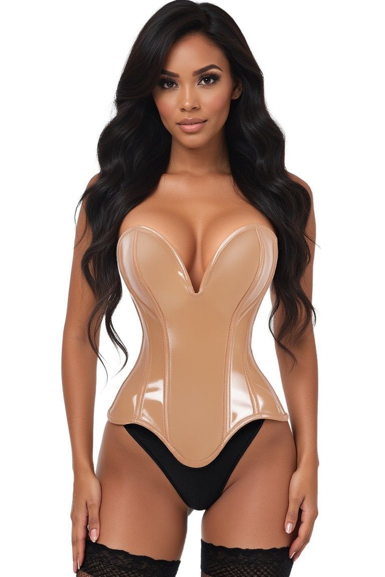 Top Drawer Steel Boned Caramel Patent Plunge Neckline Overbust Corset - Daisy Corsets