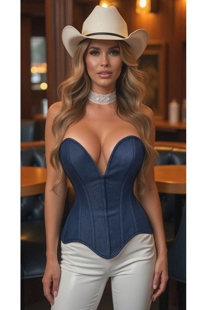 Top Drawer Steel Boned Dark Blue Denim Plunge Neckline Overbust Corset - Daisy Corsets