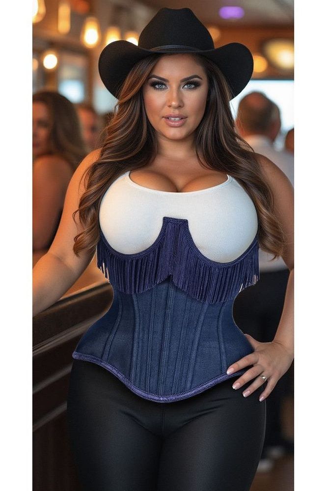 Top Drawer Steel Boned Dark Blue Denim Underwire Underbust Corset Cincher w/Fringe - Daisy Corsets