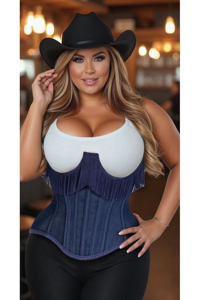 Top Drawer Steel Boned Dark Blue Denim Underwire Underbust Corset Cincher w/Fringe - Daisy Corsets