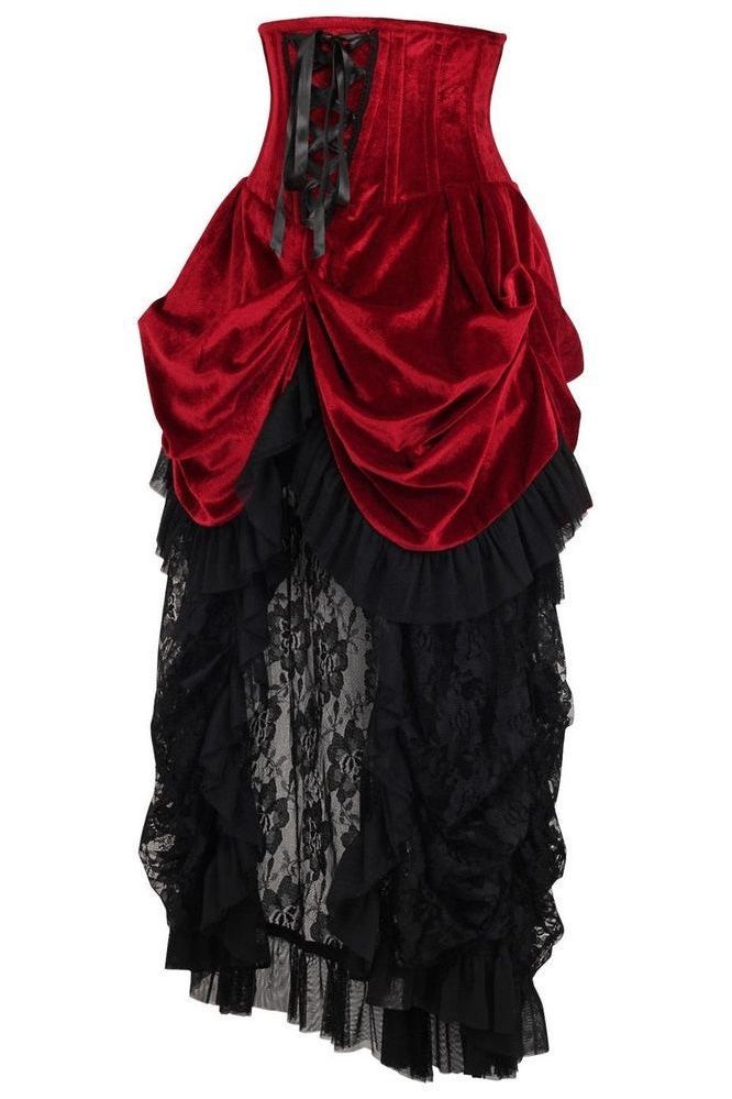 Top Drawer Steel Boned Dark Red Velvet Victorian Bustle Underbust Corset Dress - Daisy Corsets