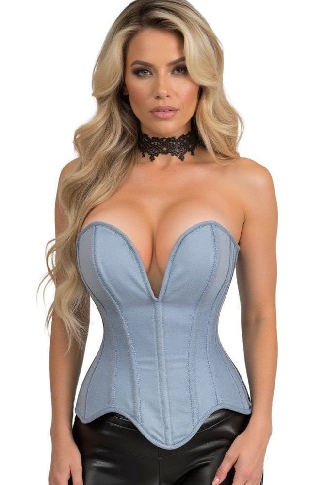 Top Drawer Steel Boned Light Blue Denim Plunge Neckline Overbust Corset - Daisy Corsets
