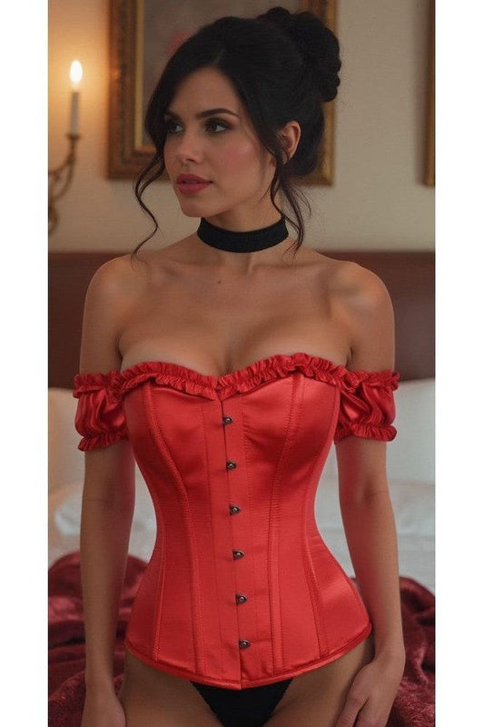 Top Drawer Steel Boned Red Satin Overbust Corset w/Sleeves - Daisy Corsets